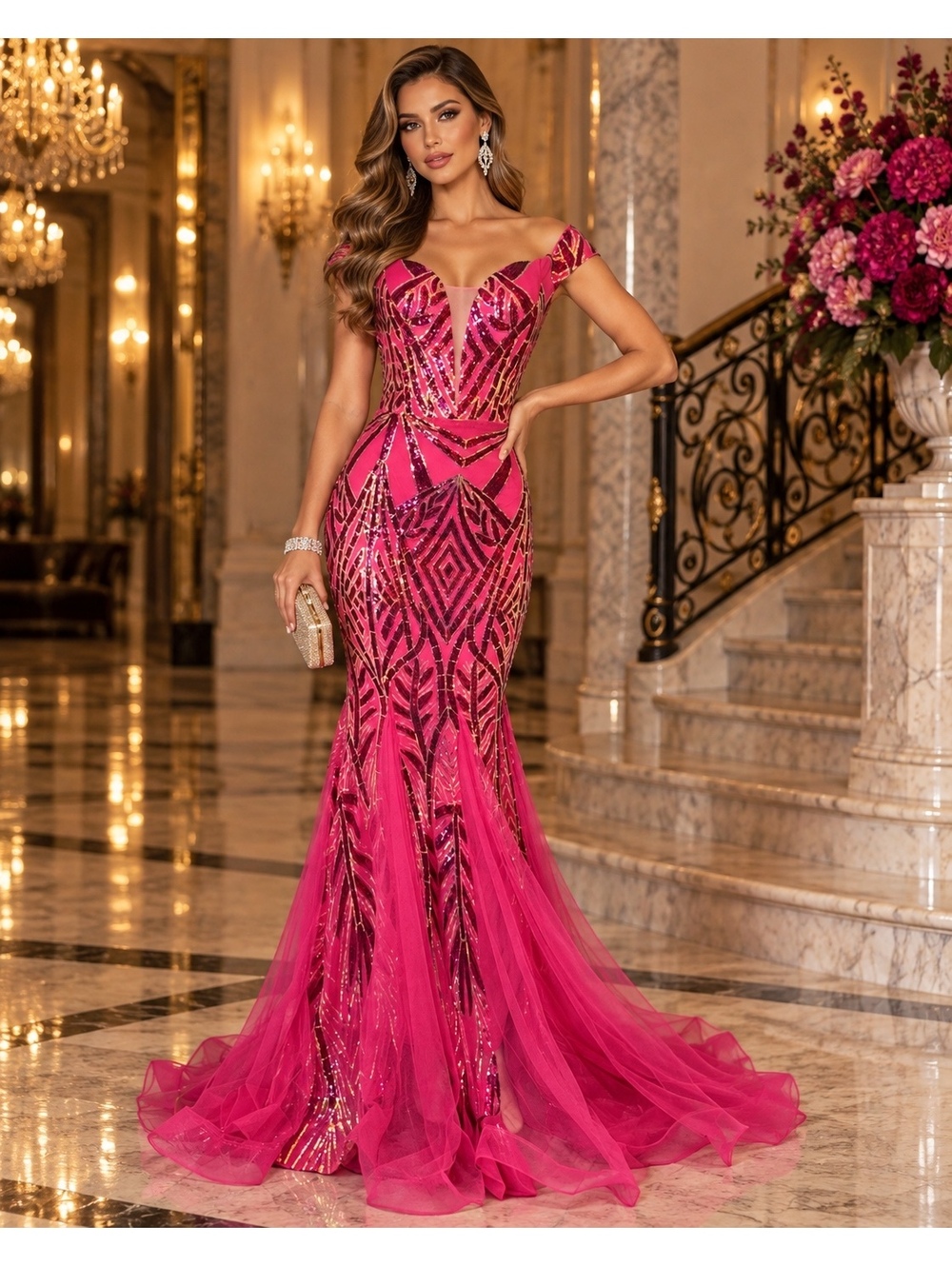 Faeriesty Hot Pink Sequin Mermaid Formal Gown Tulle Mesh Size XL